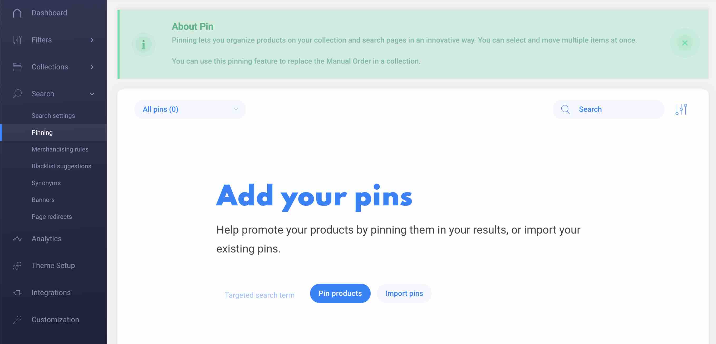 search add product pinning