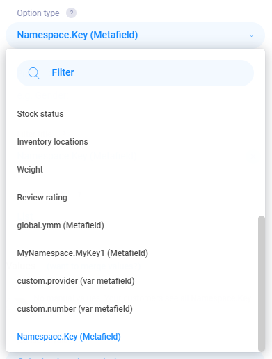 select metafield as filter option